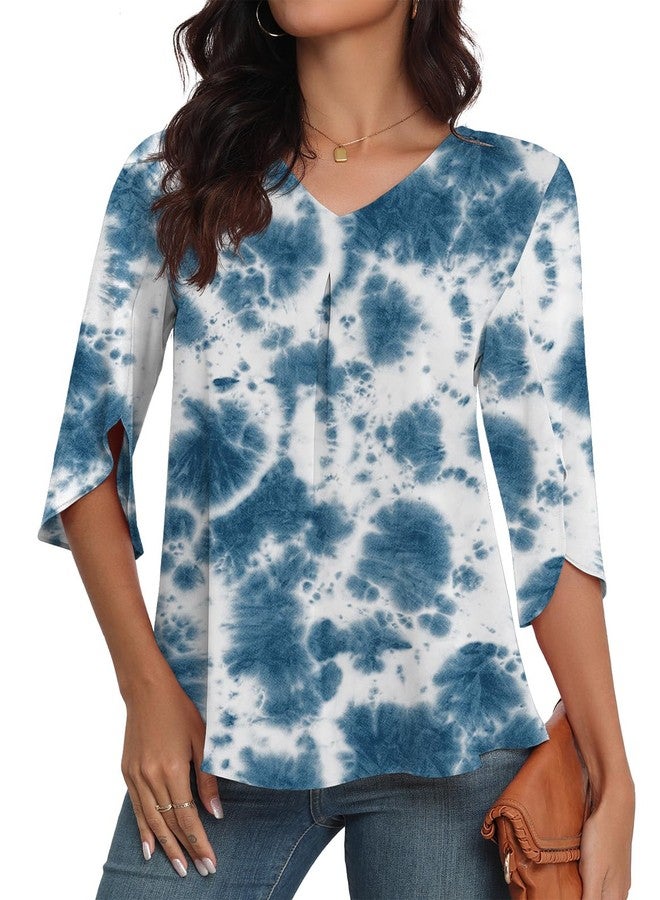 LAOLASI Womens Blouses Dressy Casual Chiffon Tops and Blouses V-Neck 3/4 Sleeve Blouse Tops Shirts for Work,Blue Tie dye,S - Image 4